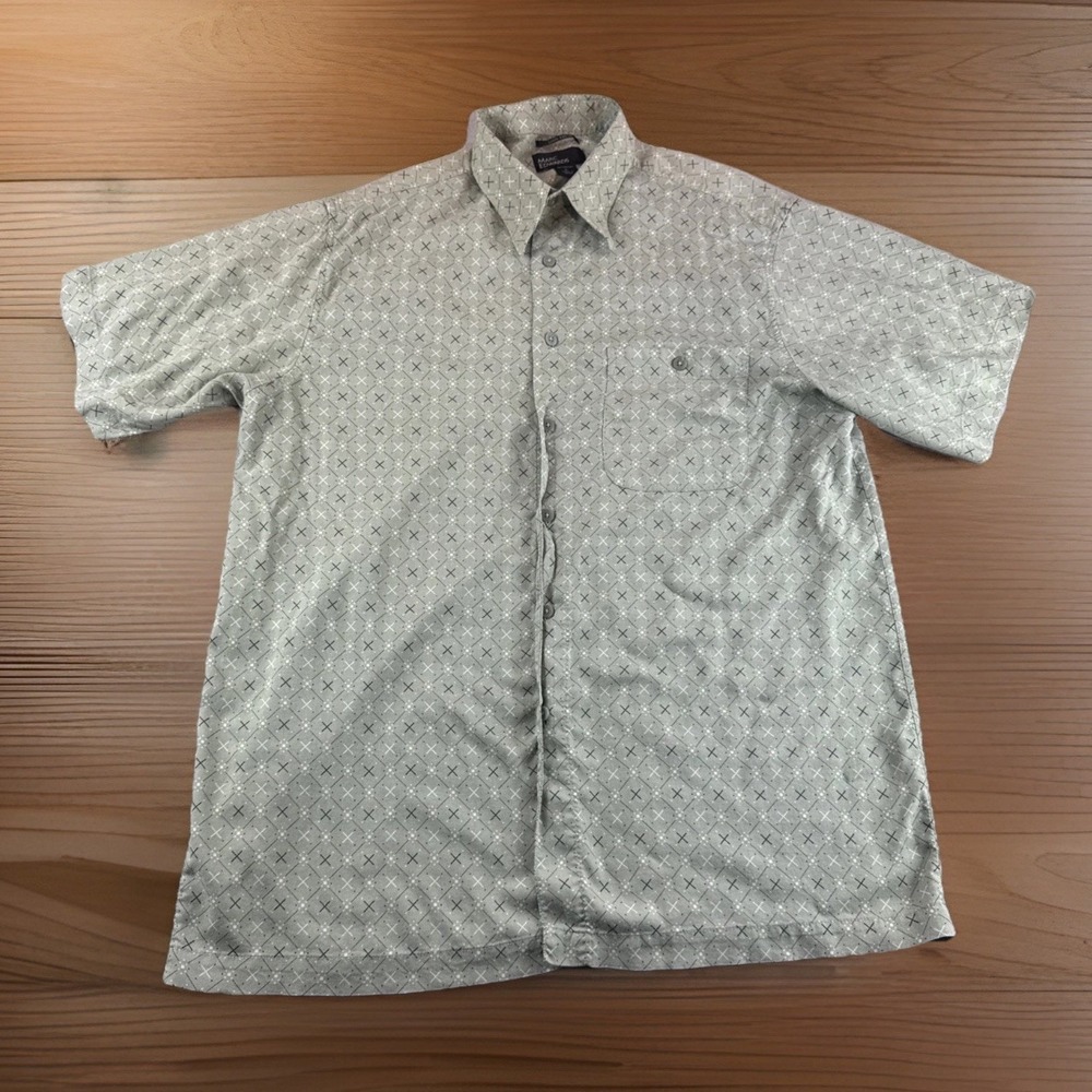 Marc Edwards Luxe Rayon Shirt Mens L Green Geometric Short Sleeve Button Up READ